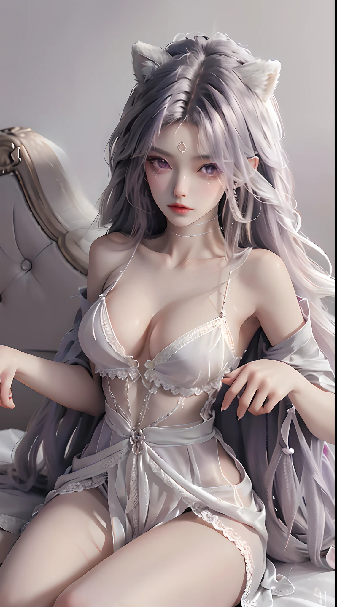 White background, 4K, Masterpiece, highres, absurdres, bare shoulder, bare thighs, fur , a woman wearing lace nightdress, kneeling on the bed, spread legs , light purple wavy hair, lust, lewd eyes, shy, shy look, seductive, sexy pose, very large boobs, ultra detail face