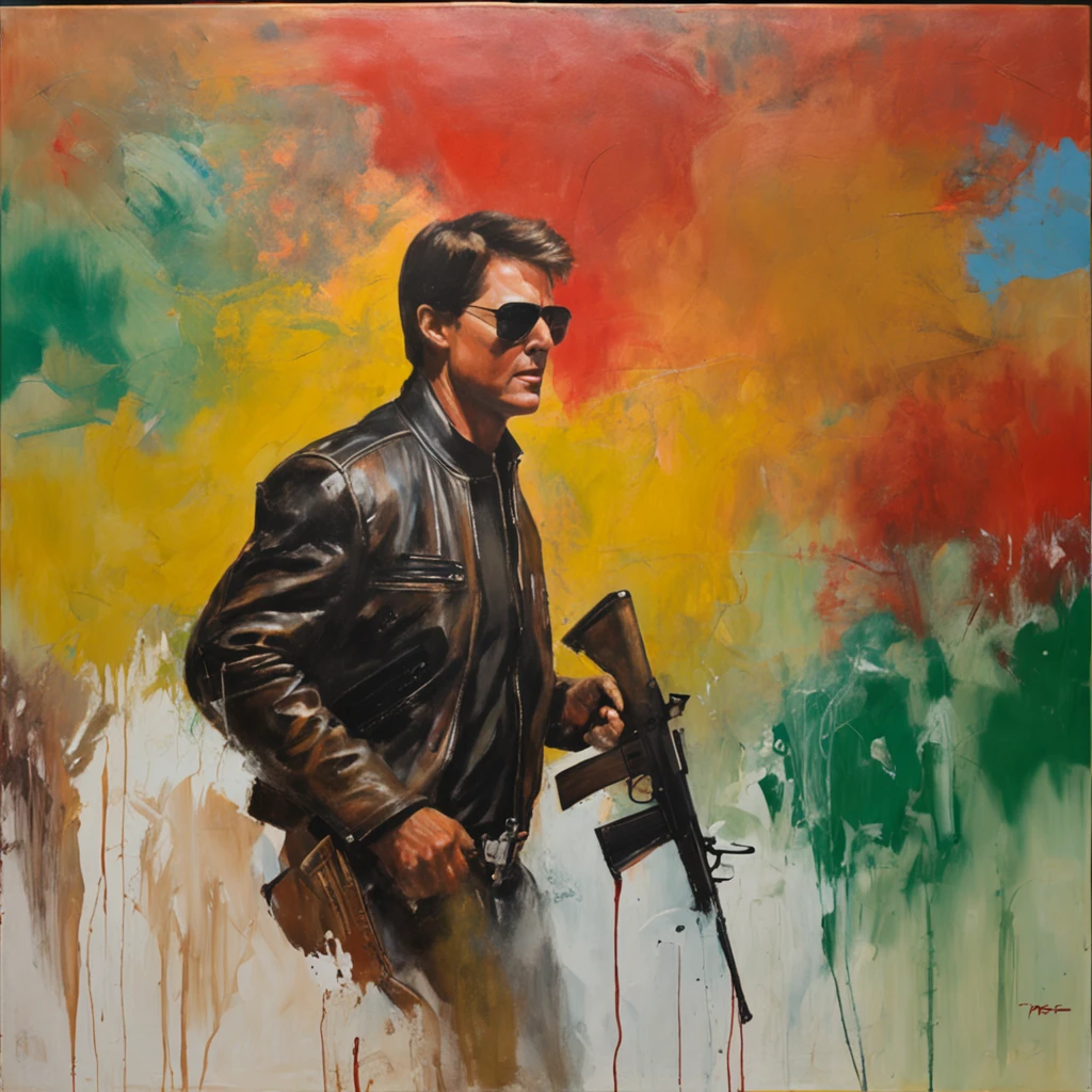 Tom cruises in a leather jacket and sunglasses holding a rifle and a plane in the background