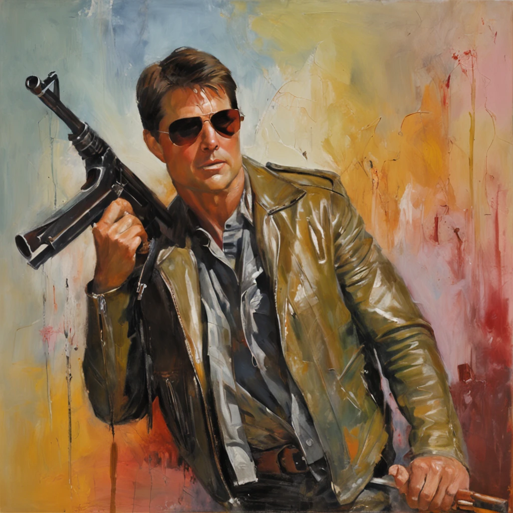 Tom cruises in a leather jacket and sunglasses holding a rifle and a plane in the background