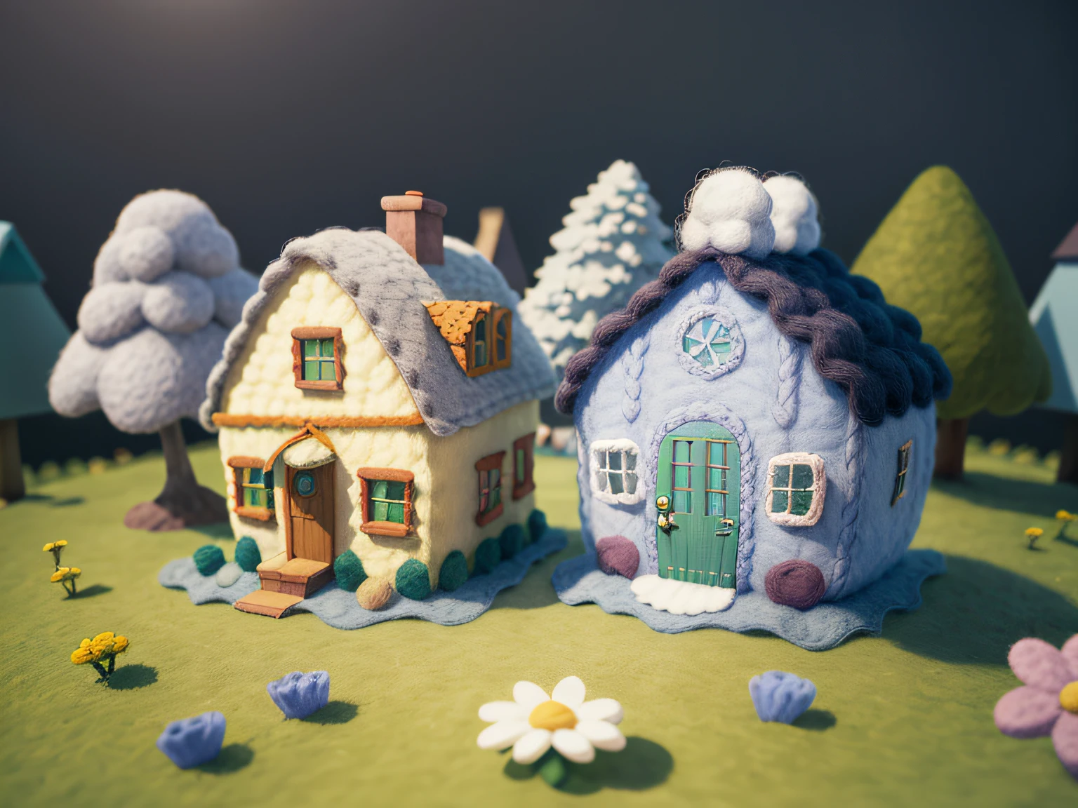 (Wool felt, woolen knitted fabric, Cute cartoon world), cottage, Flower House, Flowers, animals, Super cute, great lighting, Volume, John Klassen, Studio Ghibli Style, 80mm lens, large aperture, ....3d, Masterpiece, super detaill, Best Quality