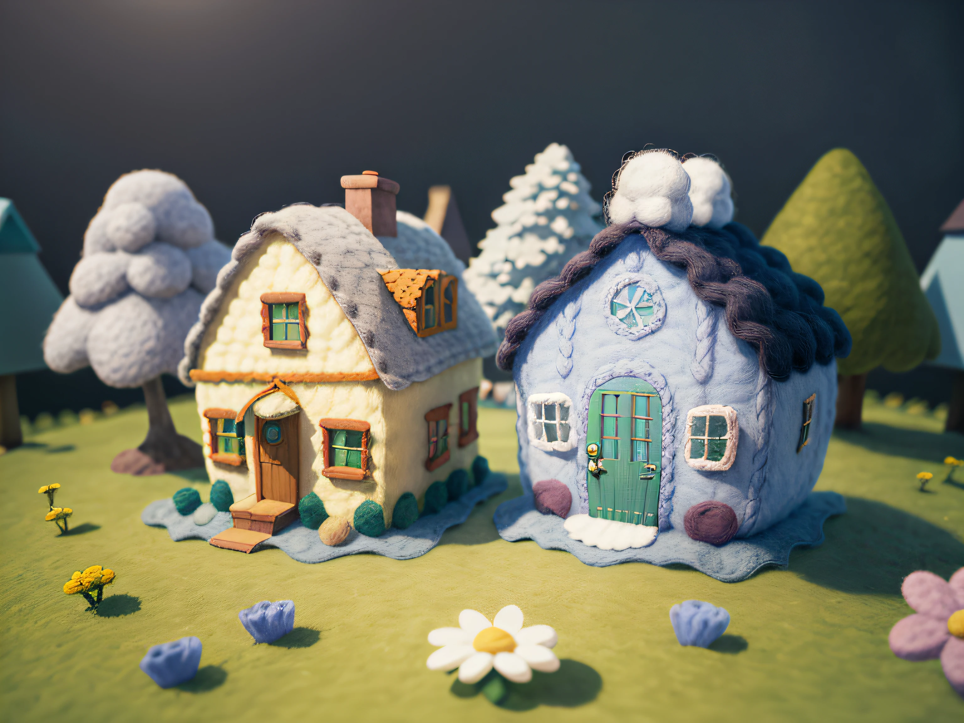 (Wool felt, woolen knitted fabric, Cute cartoon world), cottage, Flower House, Flowers, animals, Super cute, great lighting, Volume, John Klassen, Studio Ghibli Style, 80mm lens, large aperture, ....3d, Masterpiece, super detaill, Best Quality