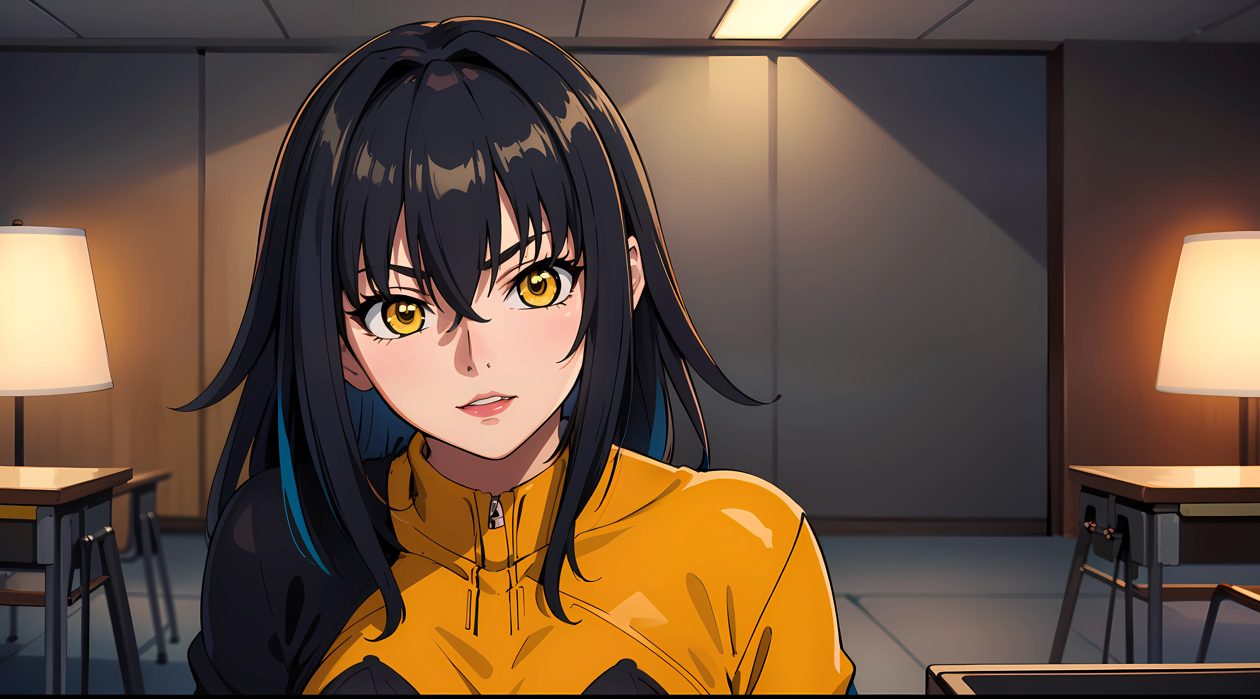 professional artwork, Intricate Details, field of view, sharp focus, detailed painting, photorealistic lighting, trending on pixiv,(masterpiece:1.0),(best_quality:1.0), ultra high res, ultra-detailed, photography, 8K, HDR, highres, absurdres:1.2, Kodak portra 400, film grain, sharp focus, bokeh:1.2, lens flare, (vibrant_color:1.2), (((indoors, office details))), Annerose, 1girl, female mature, black hair, long hair, (yellow eyes), ((leotard:1.4)), skin tight, hair intakes, (solo:1.4), (upper body, half body shot), seductive, (landscape dimension)