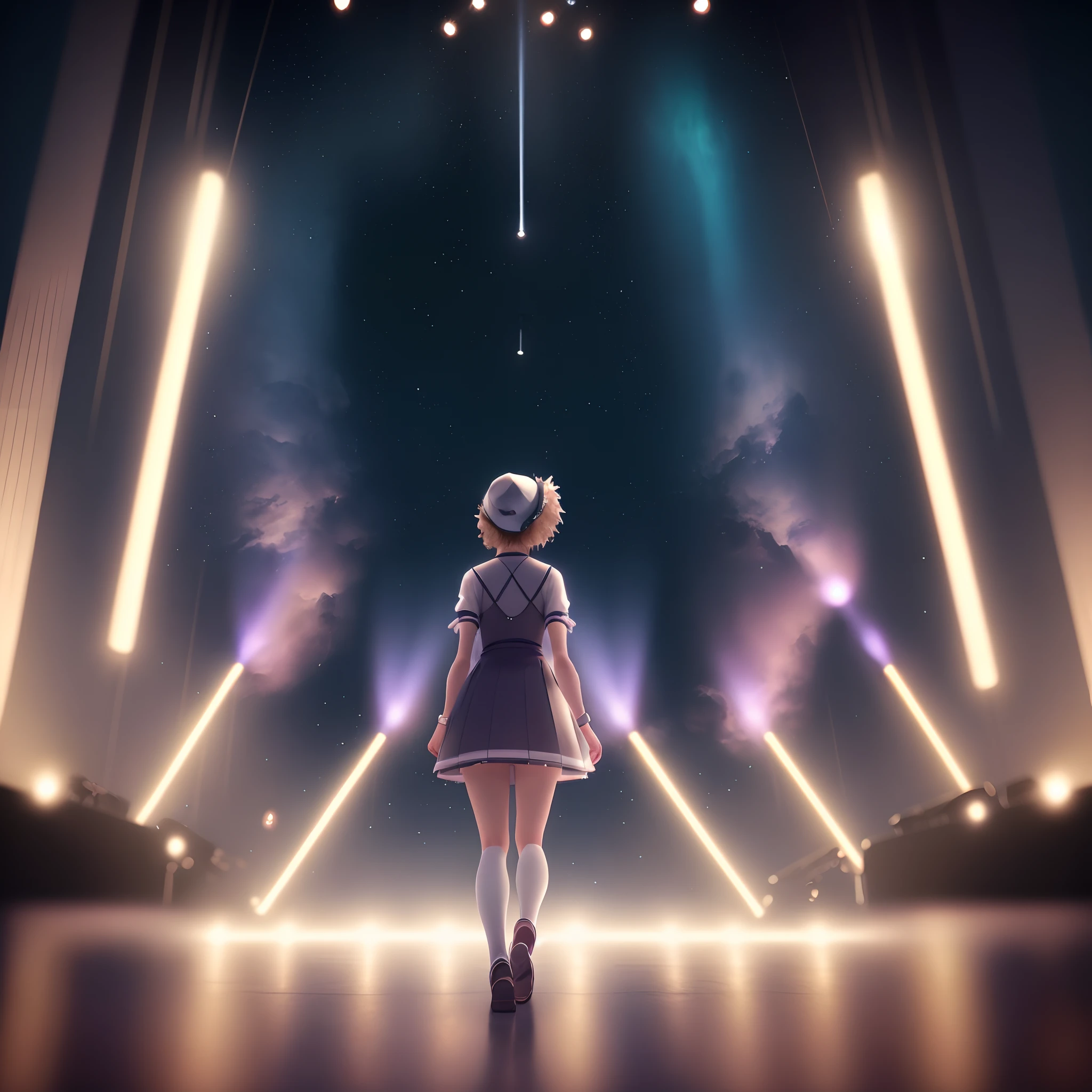 Man in 3D drawing dressed in suit and hat standing in front of a stage and a central lighting on it, on the right side in the corner of the stage a man sitting in a chair with a guitar, where is being projected a lighting that comes from above.