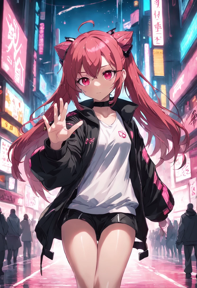 1 girl, red hair, pink eyes, cyberpunk clothes, is waving