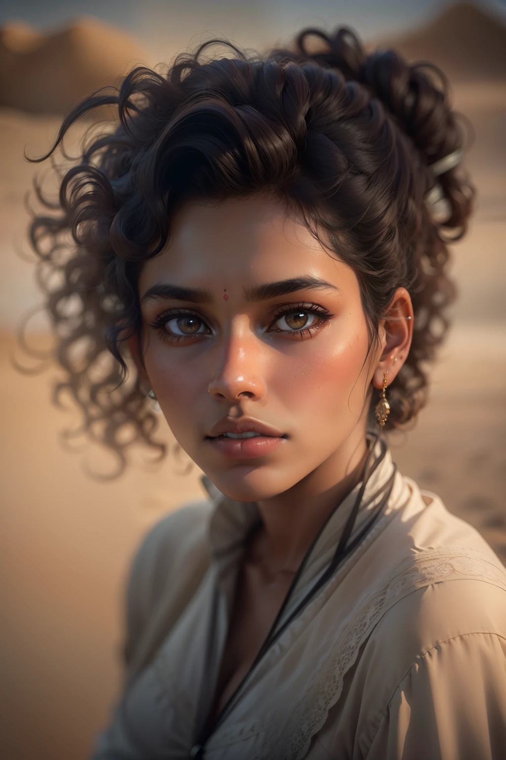 Portrait of an Indian woman with curly hair styled in a messy bun, mignon, Photographie mate, peau brune, softlighting, humeur ambiante, Stunning and clean photography, Kodak Film, Leica, Aesthetic inspiration of the dunes, Metropolis inspired, Oleg Oprisco et Todd Hido --ar 5:8 --s 450 --v 5.2