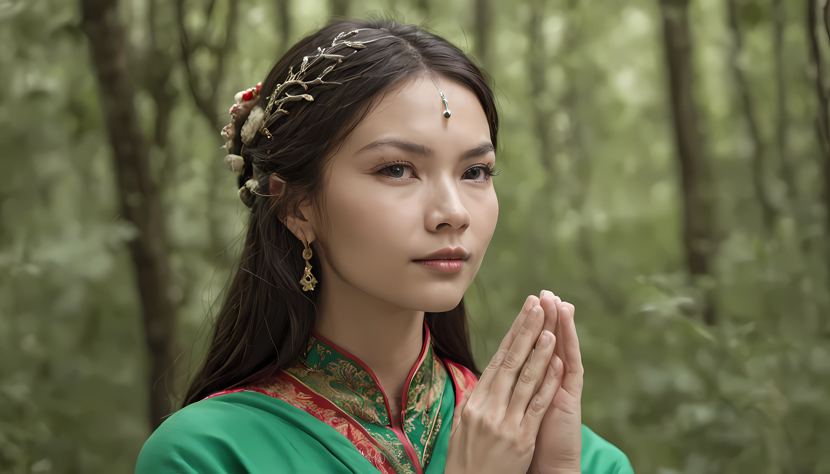(master part:1.2),melhor qualidade,Pisif,taoist,(meditation:1.1), sozinha,magical forest,um homeme monge tibetano ,Medite de pernas cruzadas， Bright green magic matrix, Flutuarrealística