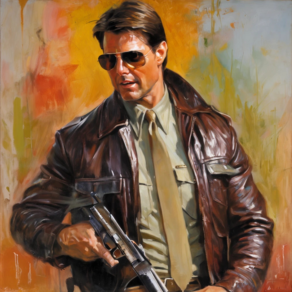 Tom Cruise in a leather jacket and sunglasses holding a pistol, with a plane in the background in an action setting