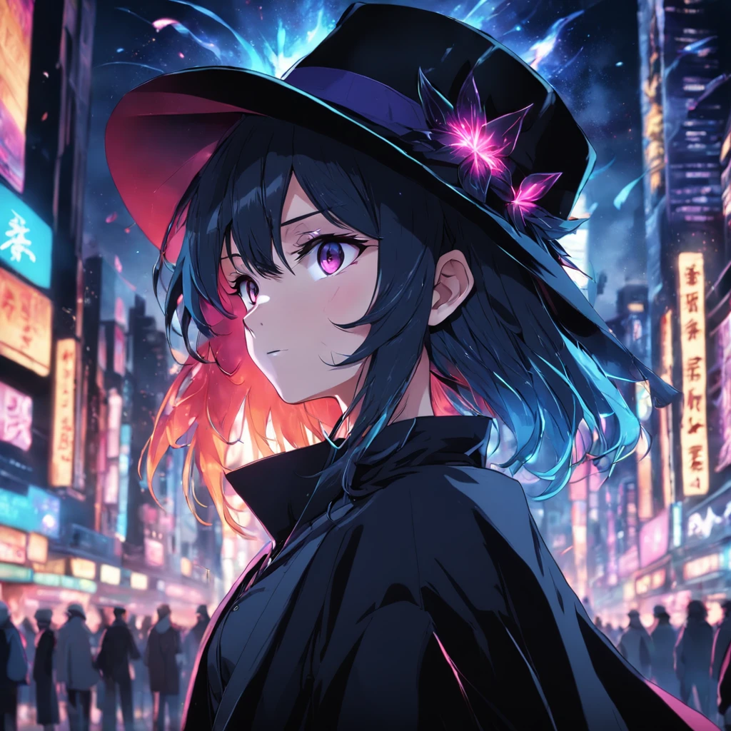 magician, 1man, solo, super detailed, wearing overcoat, (black clothes), (black hat), dark background, neon lighting, ultra hd, extremely detailed, hd