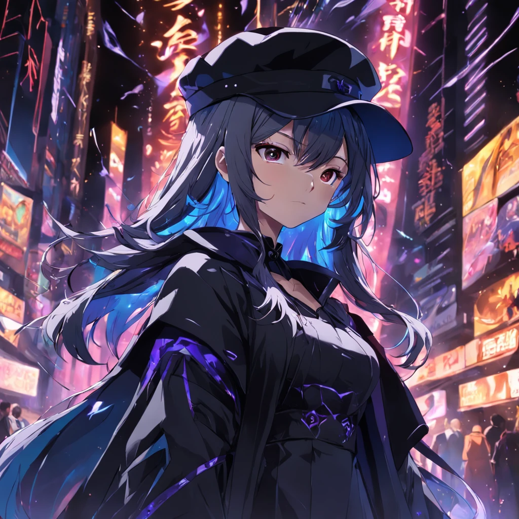 magician, 1man, solo, super detailed, wearing overcoat, (black clothes), (black hat), dark background, neon lighting, ultra hd, extremely detailed, hd