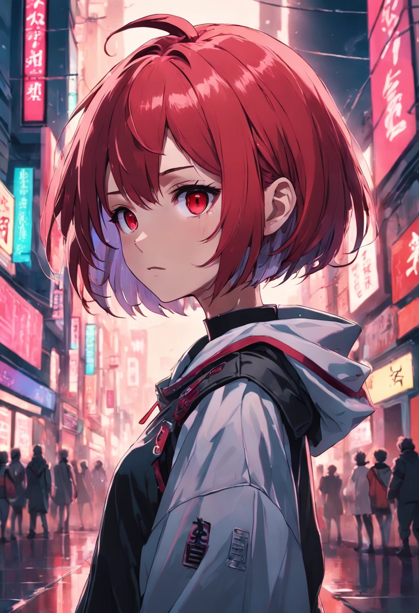 1girl, hair red, short hair, pink eyes, cyberpunk clothes, is waving