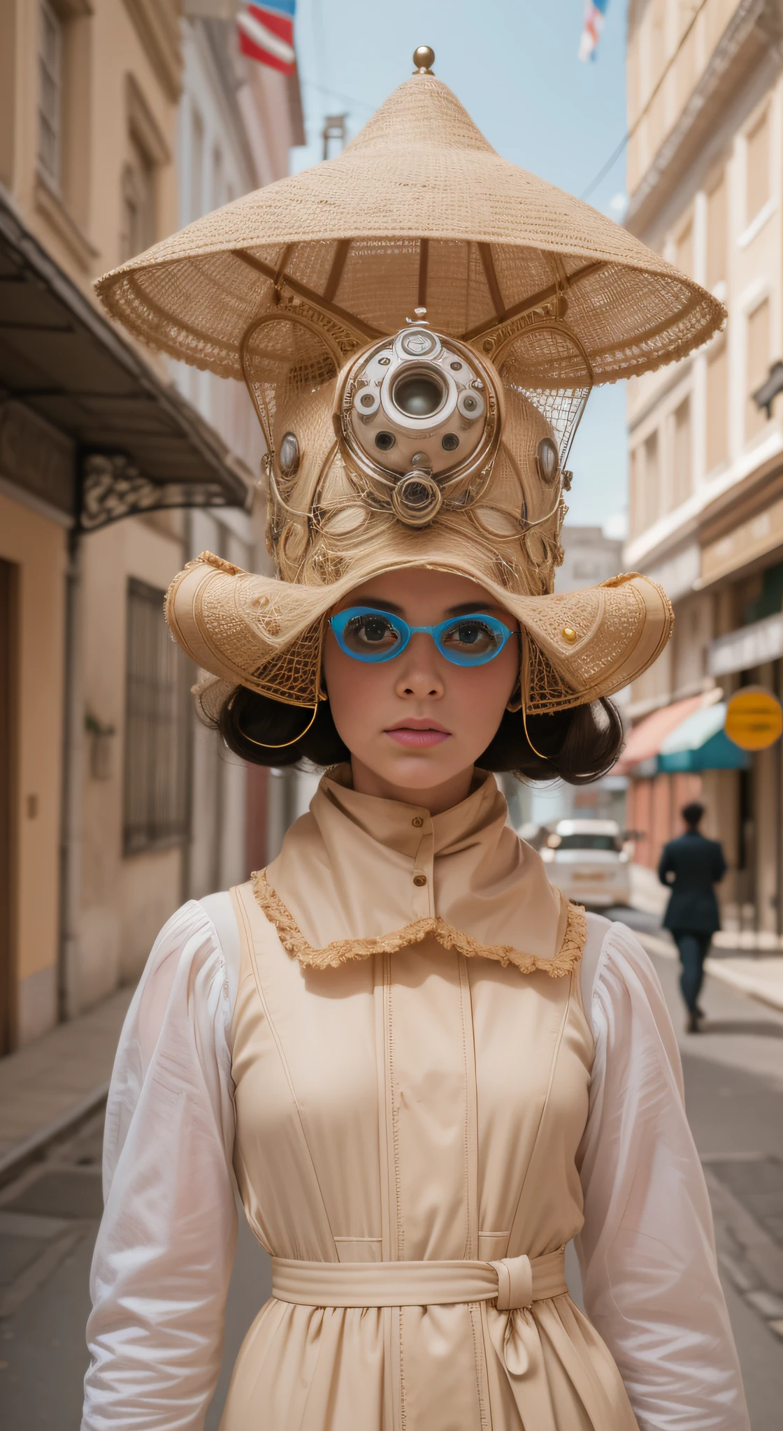 8k portrait of a 1960s science fiction film by Wes Anderson, em 1960, pastels colors, There are people wearing weird futuristic masks and wearing extravagant retro fashion outfits and men and women wearing alien makeup and old ornaments with mechanical pets in town, Luz Natural, Psicodelia, futurista estranho, fotorrealista, hiper detalhado, foco nítido, Intrinsic, Fuji filmes 55mm,