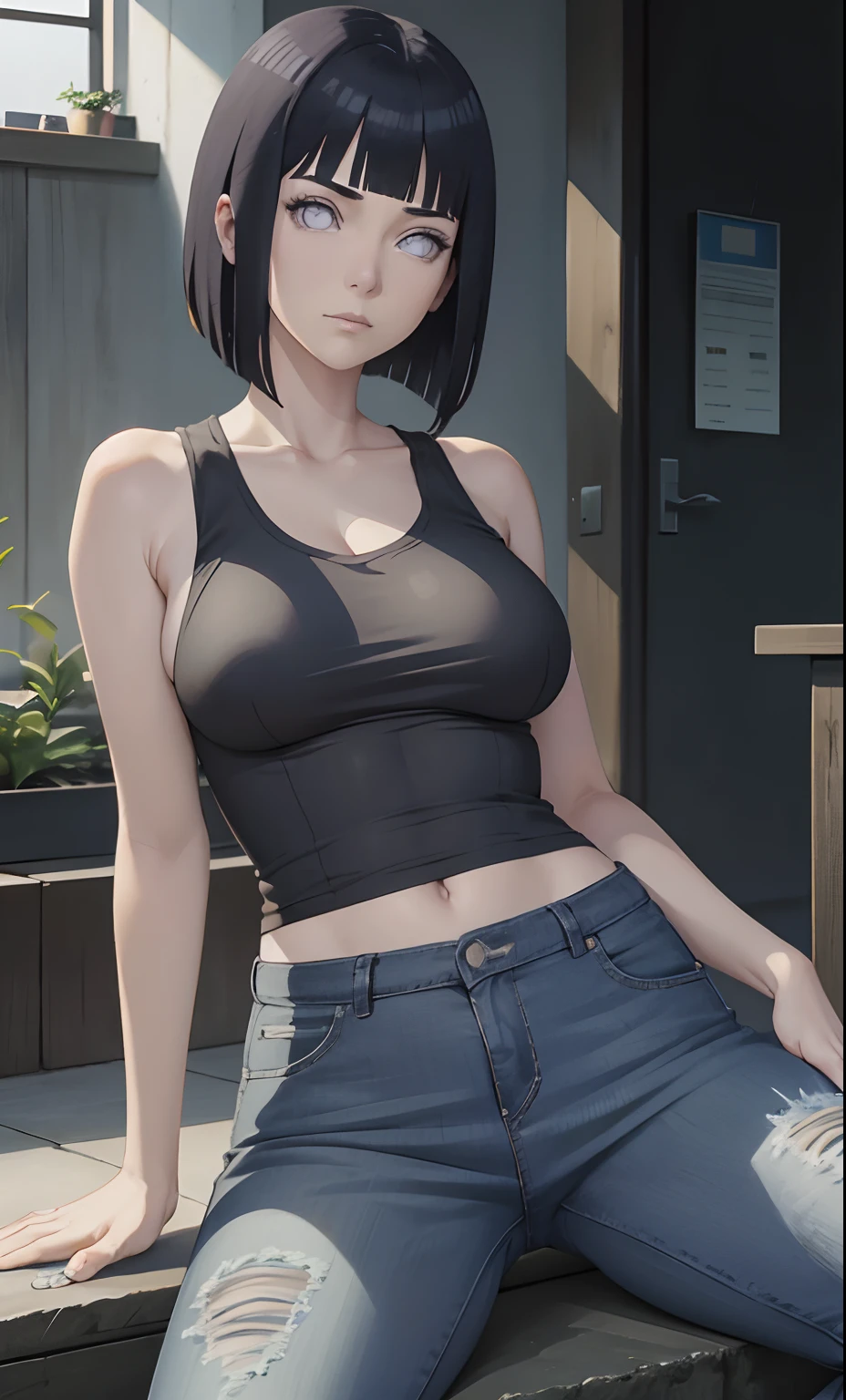 Hinata Hyuga,Meisterwerk, (Tanktop),Skinny Jeans, Seductive face, gute Beleuchtung, Ausschnitt, Kleine Details, Meisterwerk, Leuchtende Augen, 1girls, schwarzes Haar, im Gesicht, Glyzinien-Hintergrund, Meisterwerk, best quality, Half body, Erotik,big Breasts,