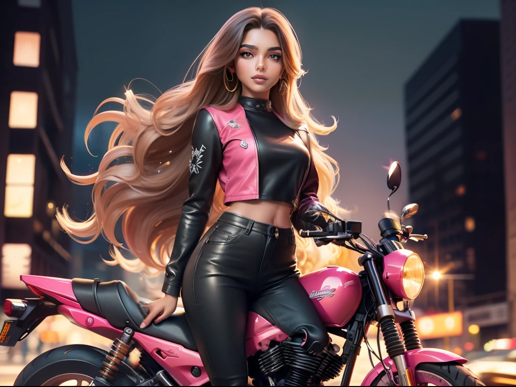 A brown skin girl with long hair, standing in front of a motorcycle 🏍️💨 in the city, sparkling simple make up, sparkling eyes, sparkling lips, sparkling, sparkling pink, sparkling black, a tall girl, high heel, wearing a trouser, night vision, flowers flying, hippie clothes, zoomed pictures