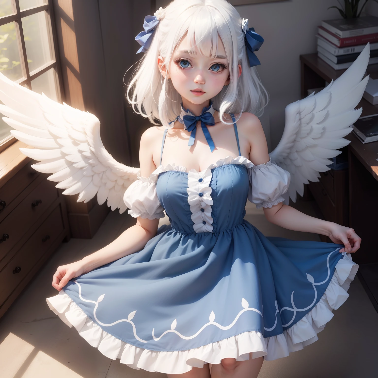 White hair,cute anime girl,blue dress,angel