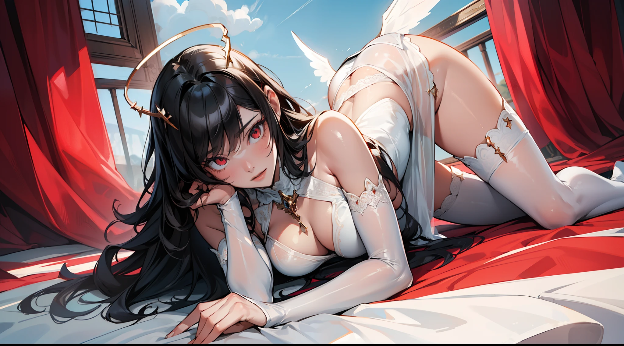 ((sfw)),(masterpiece, best quality),((high resolution 4k)), 1lady, solo, (white Scales, body cover with  scales), halo, wings,fallen angel, black hair, loose waves, red eyes,white sheer lingerie,white stockings,white thigh highs,lying on the floor looking at the sky,view from above