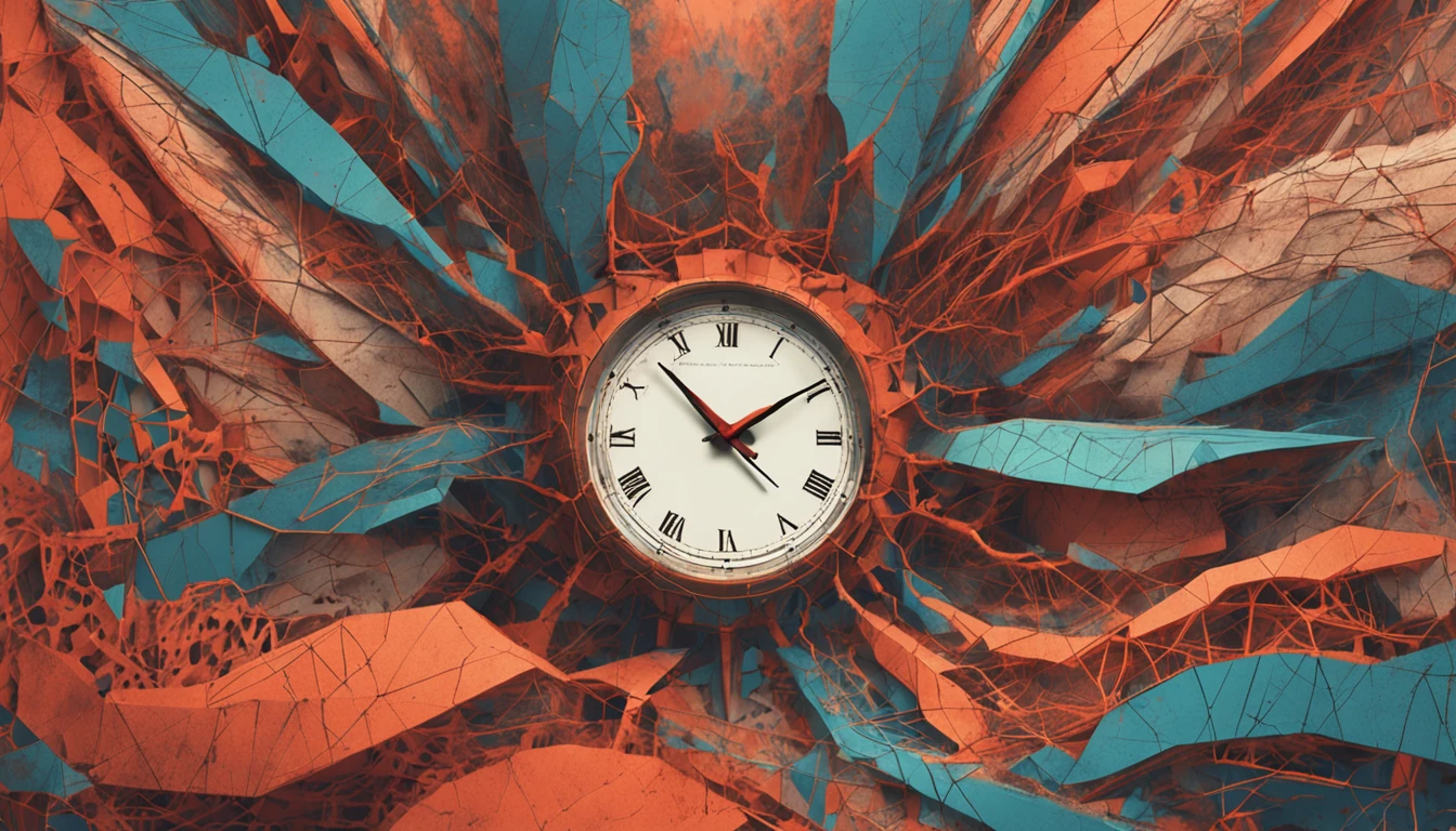 (abstrair:1.2) Jovem Mulher Composta de (geometrical forms:1.2), transformando-se em um (zdzislaw beksinski) style clock,