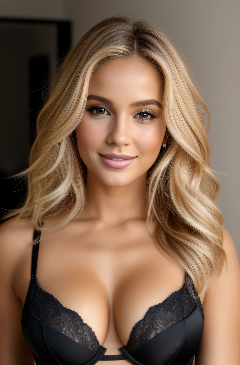 Blonde woman in black bra top posing for a photo in a studio, mulher loira bonita, mulher loira, Blonde and attractive features, loira mulher jovem bonita, menina loira bonita, uma loira linda, Menina sexy com cabelo loiro longo, mulher loira nova, longos cabelos loiros e olhos grandes, modelo feminino bonito, cabelos loiros e olhos grandes, sorrindo, sentada na cama, calcinha preta pequena