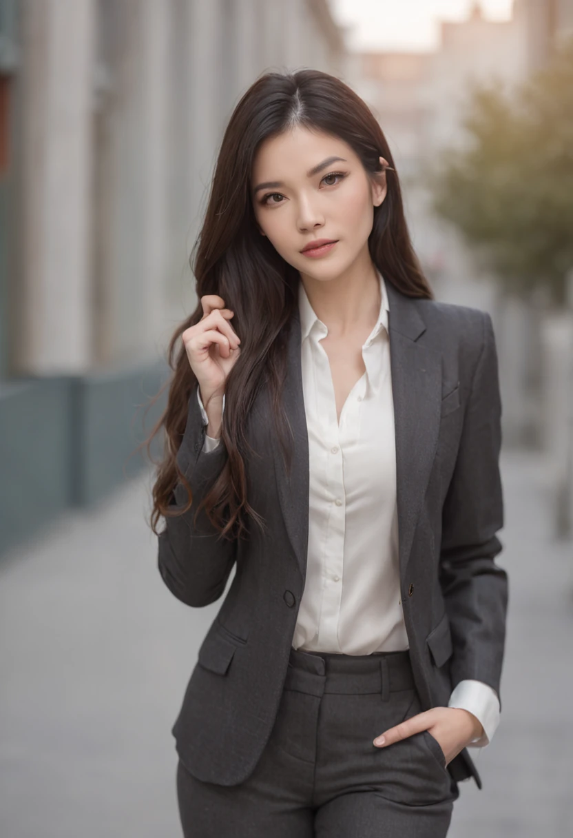 a beautiful woman with beautiful appearance and well dressed in a beautiful suit like a big businesswoman, long black hair, 30 years old, teasing the other American woman's waist, 26 years old, light brown choppy and long hair, dressed in a casual outfit with great style, a jacket in a romantic mood. perfect face, perfect eyes, realistic photo, 4k, movie scene, beautiful romance of two women, emotional,