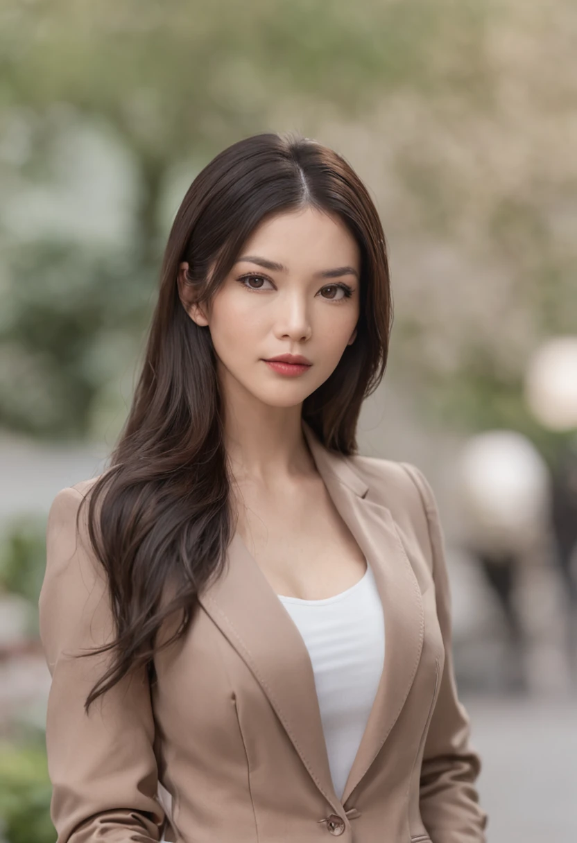a beautiful woman with beautiful appearance and well dressed in a beautiful suit like a big businesswoman, long black hair, 30 years old, teasing the other American woman's waist, 26 years old, light brown choppy and long hair, dressed in a casual outfit with great style, a jacket in a romantic mood. perfect face, perfect eyes, realistic photo, 4k, movie scene, beautiful romance of two women, emotional,