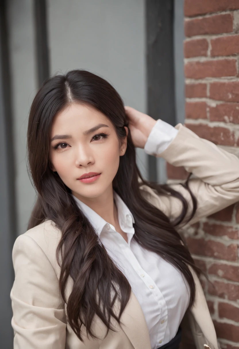 a beautiful woman with beautiful appearance and well dressed in a beautiful suit like a big businesswoman, long black hair, 30 years old, teasing the other American woman's waist, 26 years old, light brown choppy and long hair, dressed in a casual outfit with great style, a jacket in a romantic mood. perfect face, perfect eyes, realistic photo, 4k, movie scene, beautiful romance of two women, emotional,