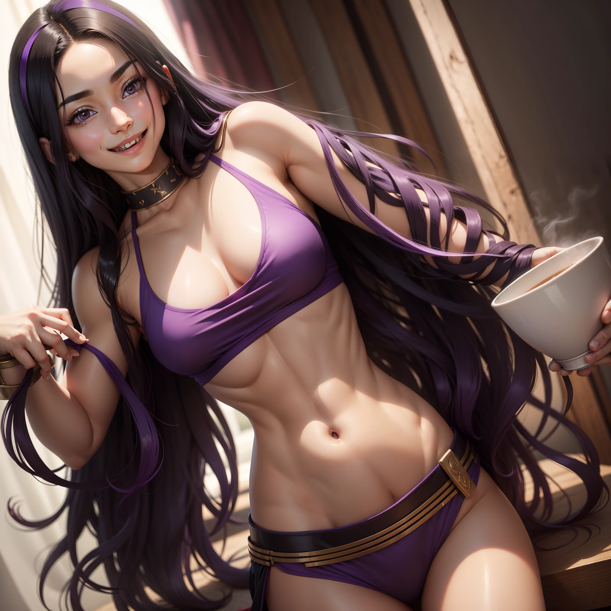 long hair, looking at viewer, youthful, black hair, navel, brown eyes, smile, blurred foreground, exposed shoulders, midriff, crop top, holding cup, purple hair, muscular, grin