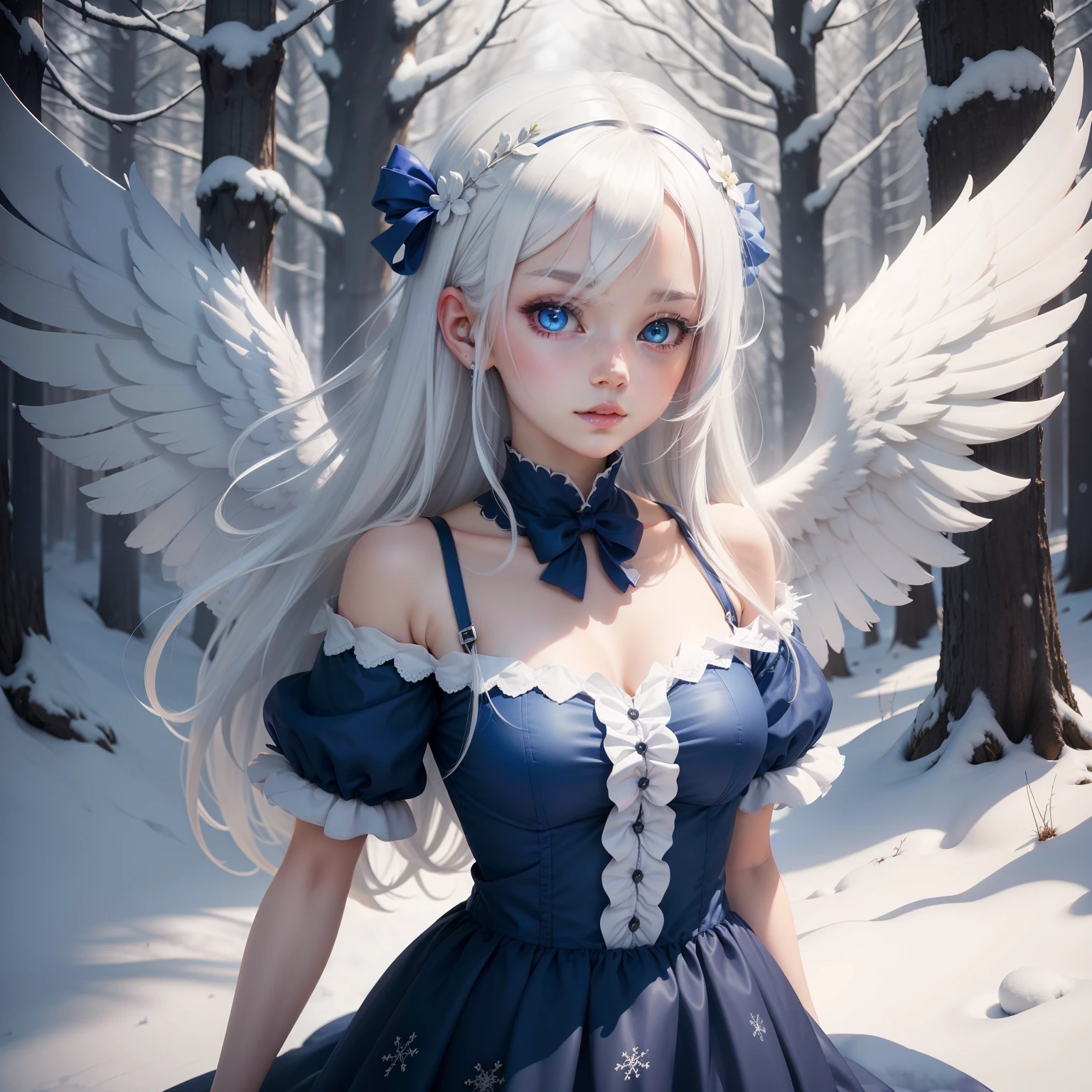 White hair,cute anime girl,blue dress,angel,red eye,snow forest