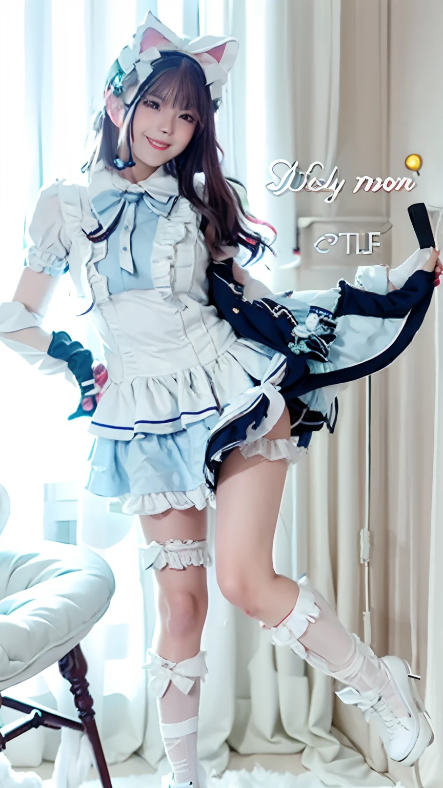 Girl dressed in a blue dress and white shoes posing for a picture, cosplay of a catgirl! maid! dress, style of magical girl, maid outfit, pale blue, frilly outfit, fairycore, celebration costume, gorgeous maid, high quality costume, けもの, anime maids riding early tanks, hazy, magic uniform