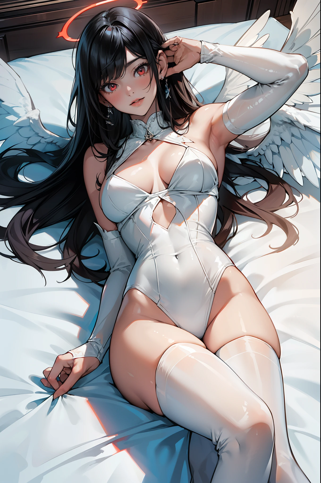 ((sfw)),(masterpiece, best quality),((high resolution 4k)), 1lady, solo, (white Scales, body cover with  scales), halo, wings,fallen angel, black hair, loose waves, red eyes,white sheer lingerie,white stockings,white thigh highs,lying on the bed view from above