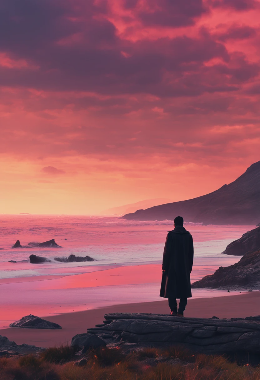 Sitting on a cliff looking at the teenager in the distance,Wears a black hood and a black trench coat,The time is dusk