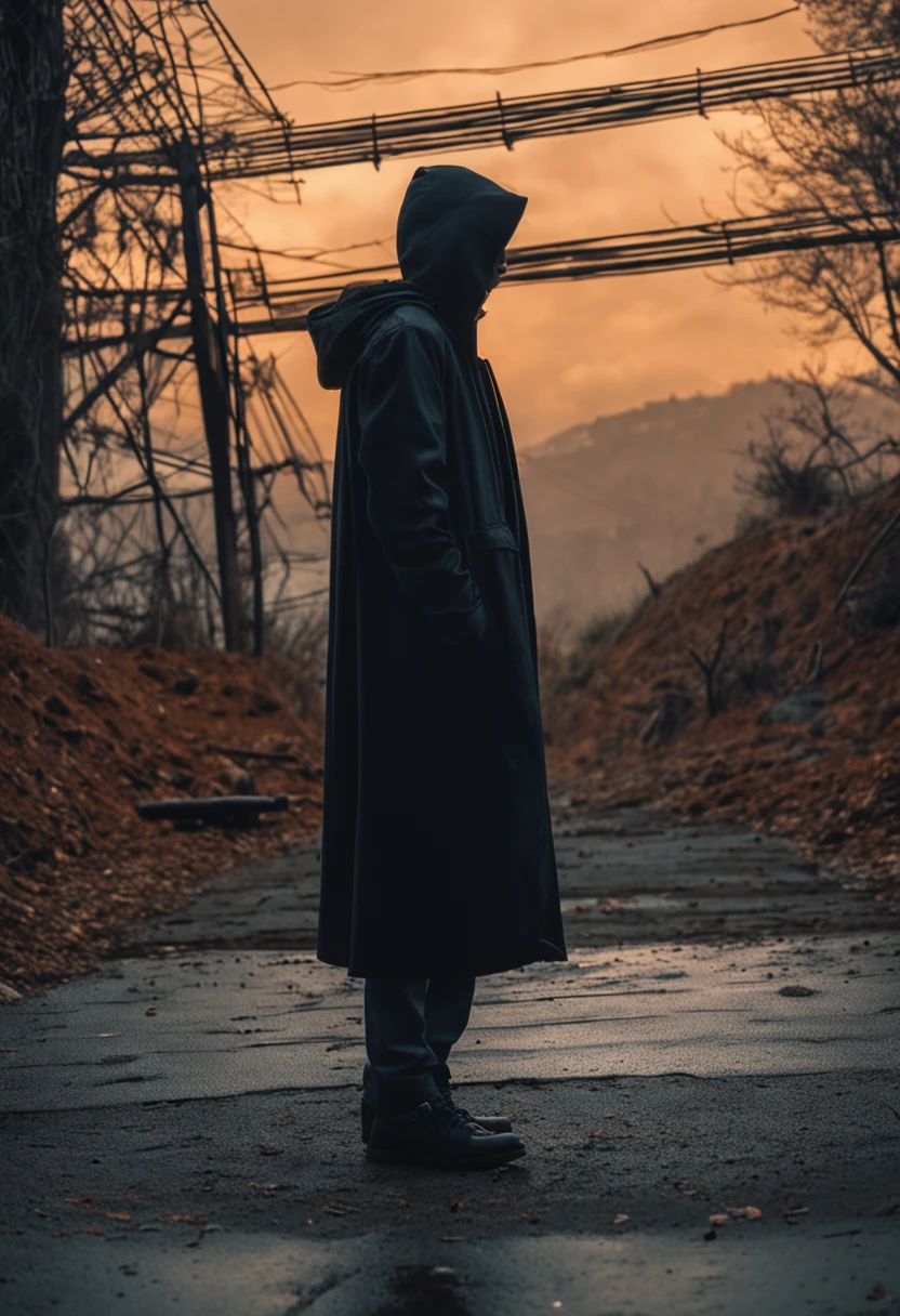 Sitting on a cliff looking at the teenager in the distance,Wears a black hood and a black trench coat,The time is dusk