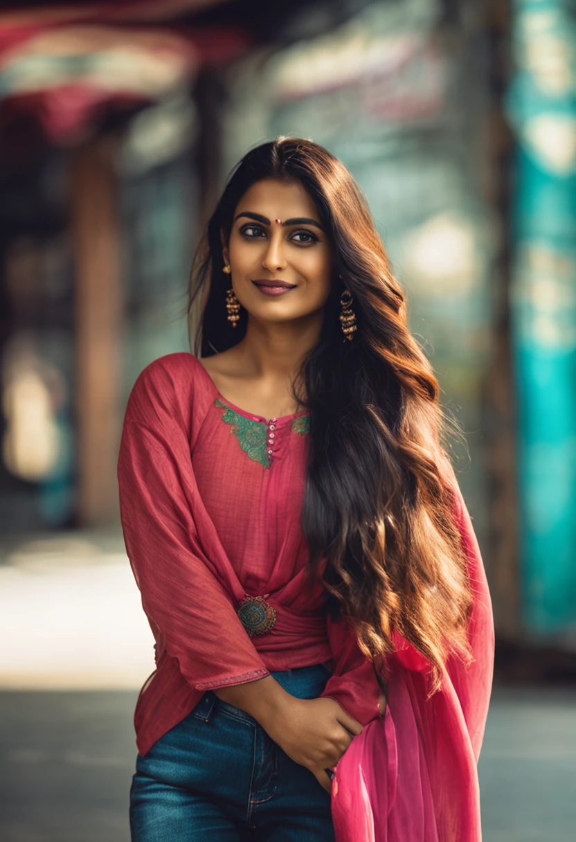 Portrait of A confident-looking indian woman with long flowing hair, instagram profile picture