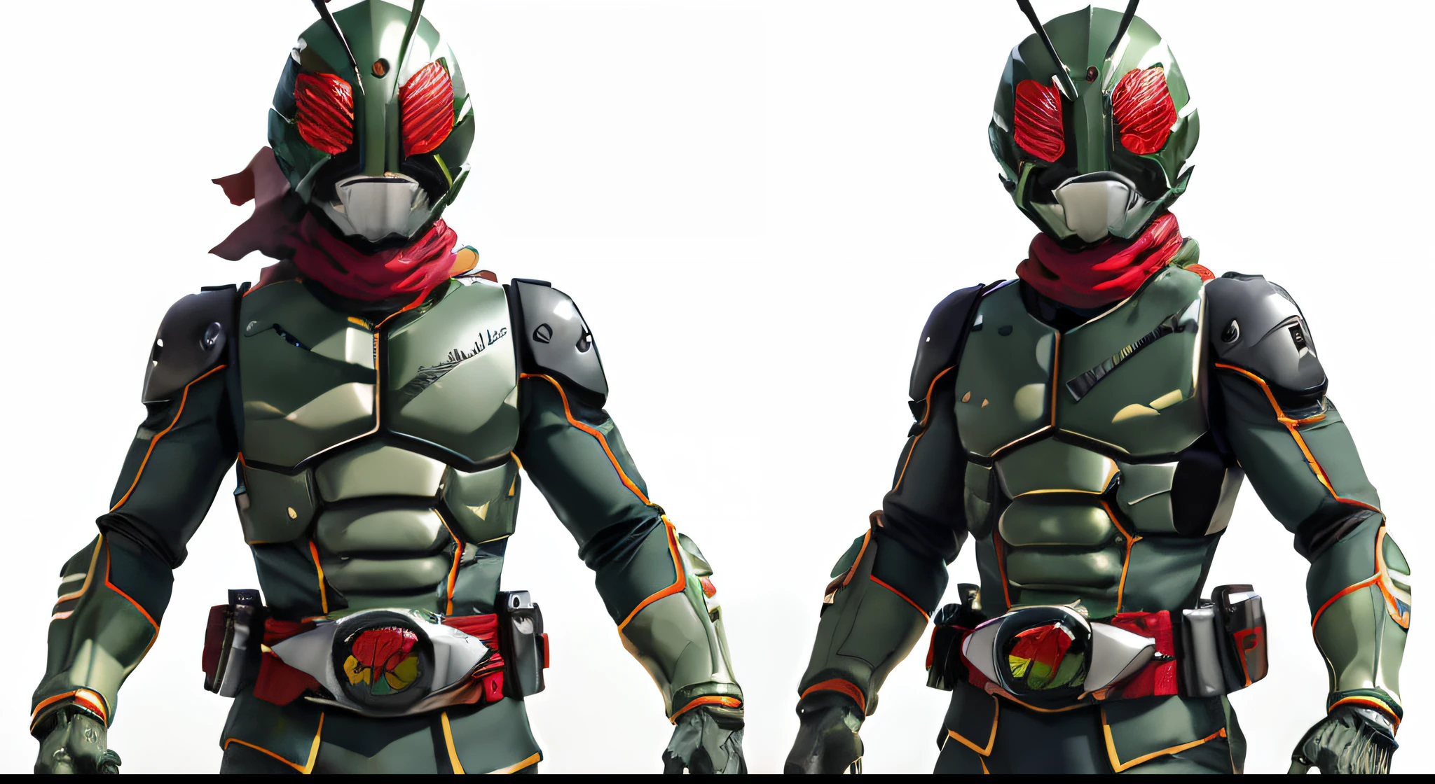 masterpiece, highest quality, illustration, green bodysuit, red scarf, mask, helmet, tokusatsu, belt, Dark green combat uniform, Grasshopper mask, solo, full body,