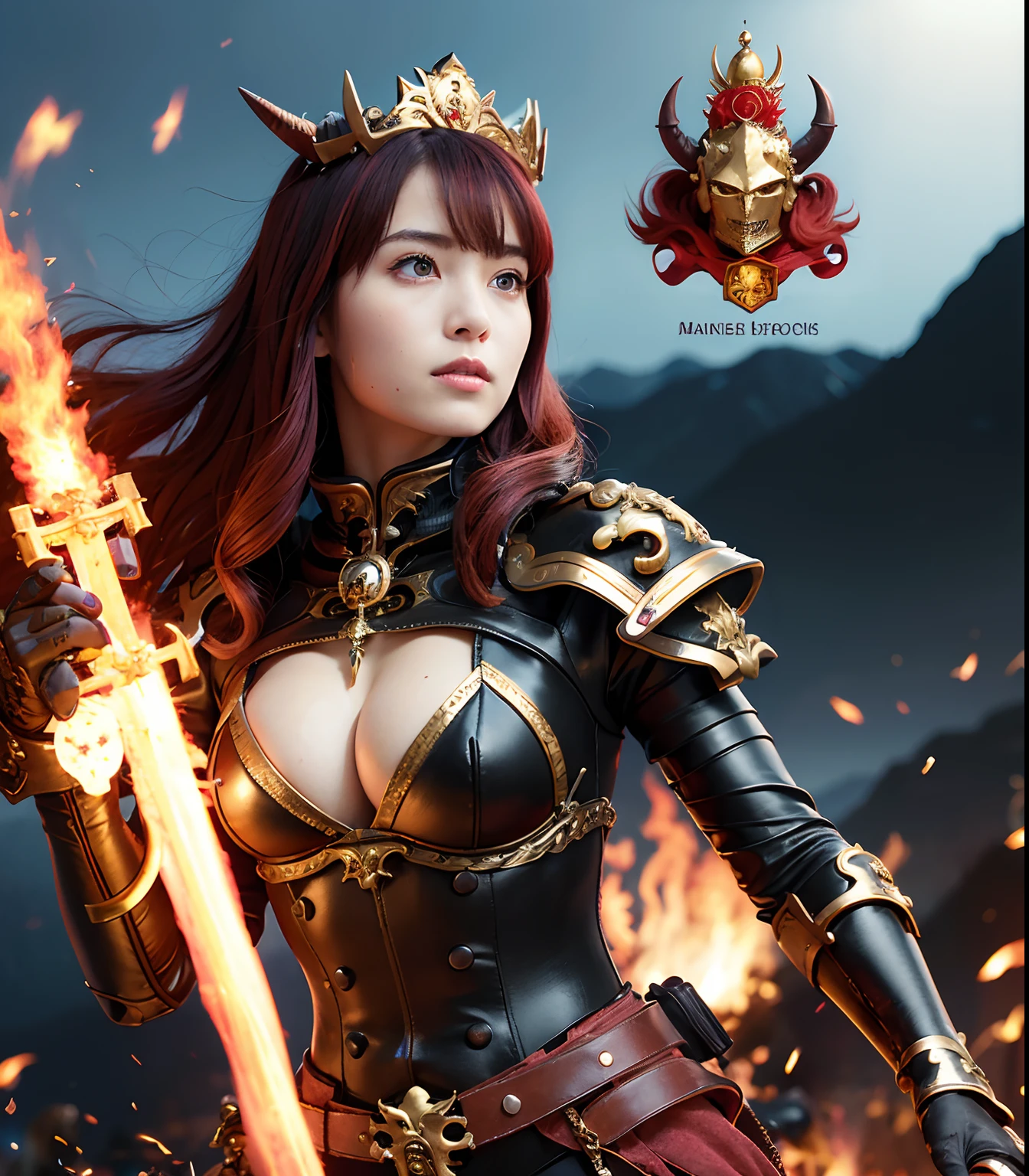 (masutepiece), Professional , ​masterpiece、top-quality、photos realistic , depth of fields （Dragon Black Metal Body:1.９),(Matte Black、（cleavage of the breast）、Dragon Gold Weapon、（bikini-armor),Gorgeous gold weapons ,（（ Dragon's dense and gorgeous sword）） , Beautiful knife   ,warhammer 40k , adepta sororitas,Detail and gorgeous crown、（（Red hair））、（Castle background）、The dragon、（（Gangle's forest background））、Beautiful Caucasian beauty、（１a person）、dynamic ungle,(((Detailed and ornate Black Devil Crown)))、Smaller head、Strange smile、Castle background、Thin and beautiful female hands、cleavage of the breast、Soldier in iron armor on background、Mystical expression、Light Effects、intense fighting、Wind-effect、magic circles、With the legendary magic wand、（demonic wings）、