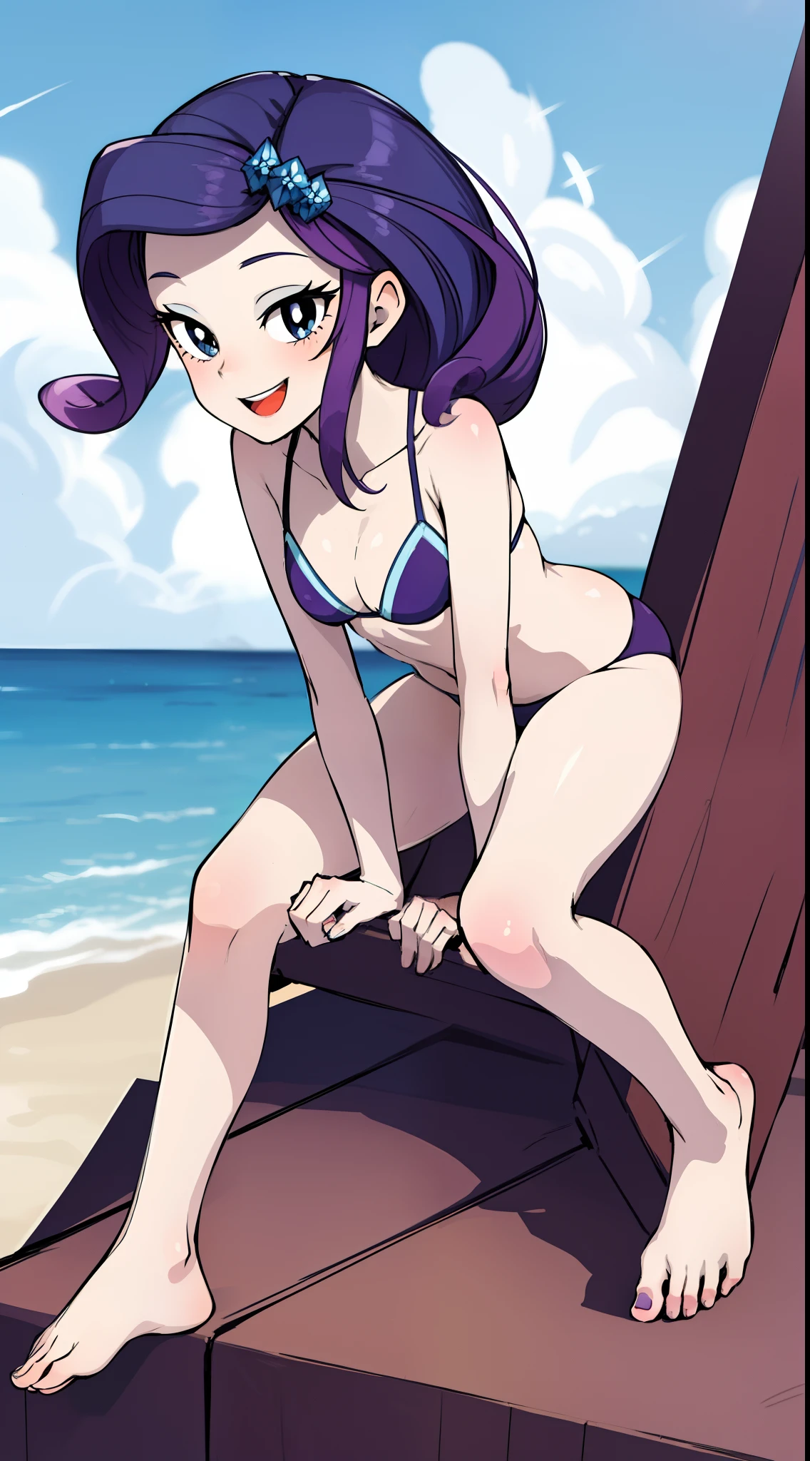 masterpiece,best quality,1girl,solo,mlprarity,colored skin,hair ornament,purple hair,blue eyes,bikini,swimsuit, barefoot,posing, full body, smile