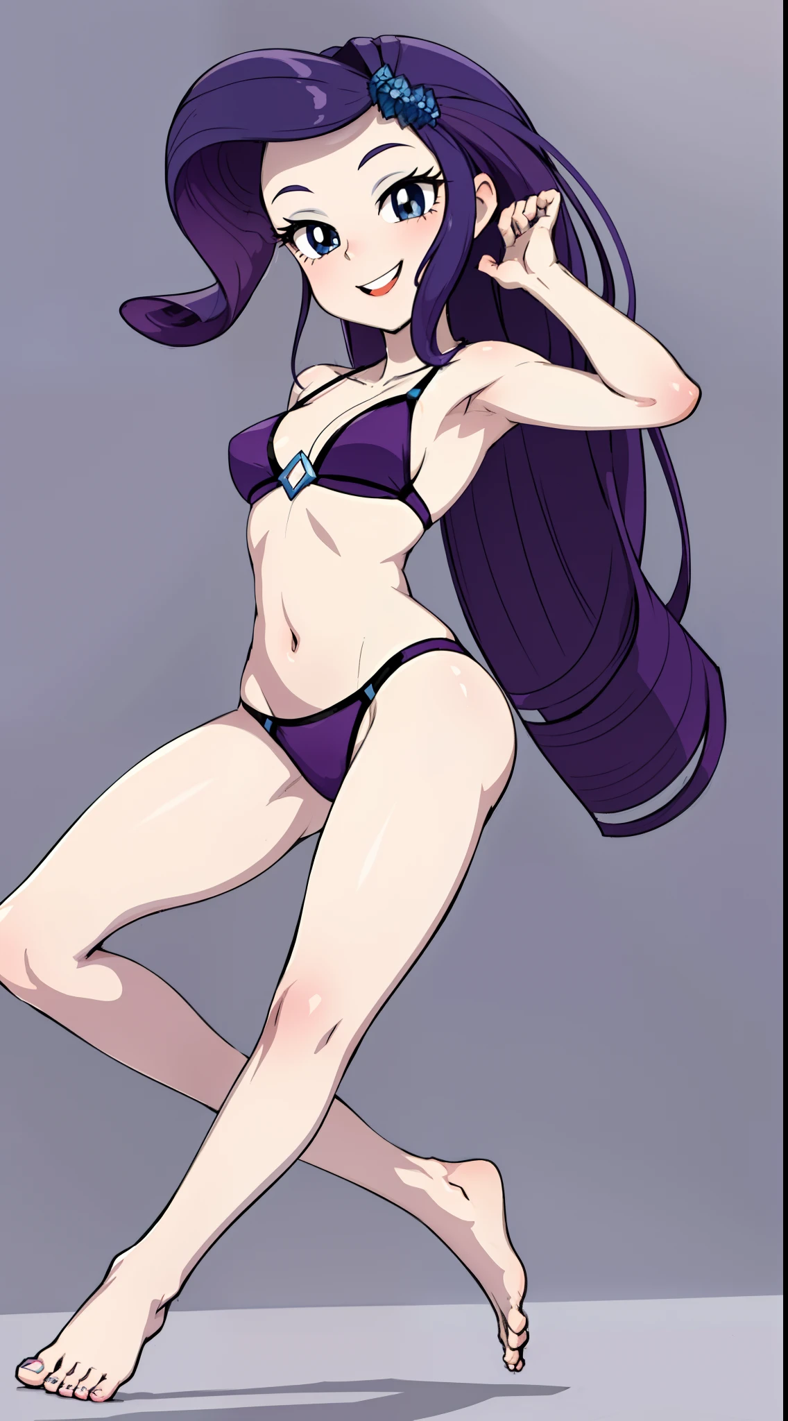 masterpiece,best quality,1girl,solo,mlprarity,colored skin,hair ornament,purple hair,blue eyes,bikini,swimsuit, barefoot,posing, full body, smile