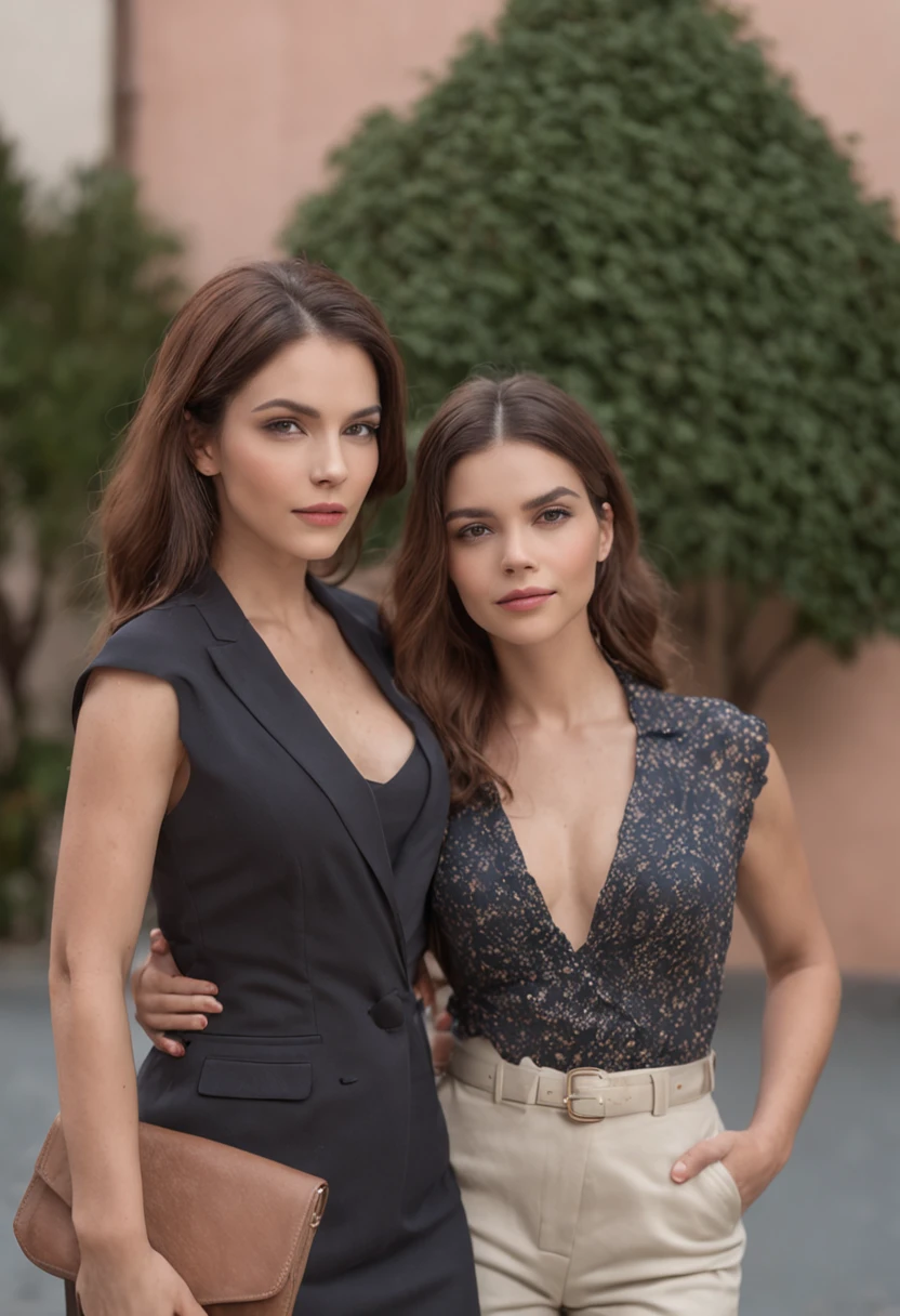 lesbian couple of a beautiful woman with beautiful appearance and well dressed in a cute suit like a big businesswoman, cabelos pretos longos, 30 anos, provocando a cintura da outra mulher americana, 26 anos, castanho claro, cabelos cortados e longos, vestido com uma roupa casual com grande estilo, a jacket in a romantic mood. rosto perfeito, olhos perfeitos, Realistic photo, 4k, Movie Scene, Romance bonito de duas mulheres, emocional,
