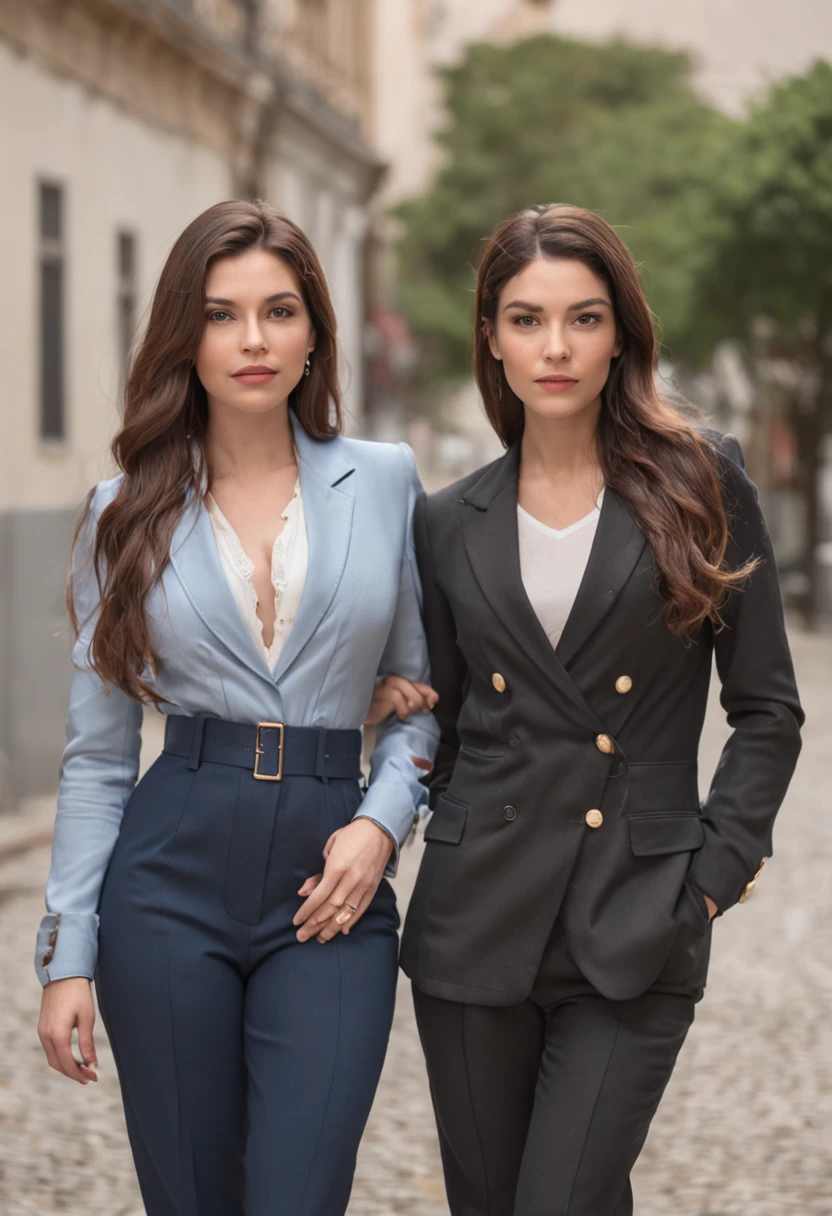 lesbian couple of a beautiful woman with beautiful appearance and well dressed in a cute suit like a big businesswoman, cabelos pretos longos, 30 anos, provocando a cintura da outra mulher americana, 26 anos, castanho claro, cabelos cortados e longos, vestido com uma roupa casual com grande estilo, a jacket in a romantic mood. rosto perfeito, olhos perfeitos, Realistic photo, 4k, Movie Scene, Romance bonito de duas mulheres, emocional,
