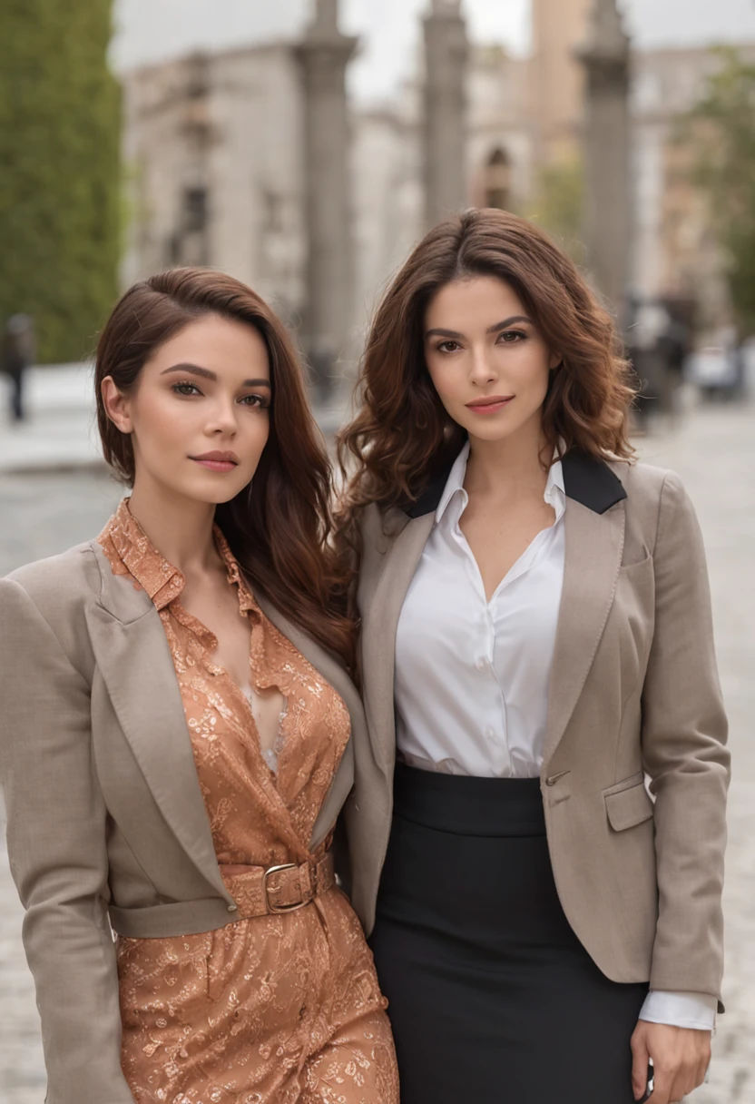 lesbian couple of a beautiful woman with beautiful appearance and well dressed in a cute suit like a big businesswoman, cabelos pretos longos, 30 anos, provocando a cintura da outra mulher americana, 26 anos, castanho claro, cabelos cortados e longos, vestido com uma roupa casual com grande estilo, a jacket in a romantic mood. rosto perfeito, olhos perfeitos, Realistic photo, 4k, Movie Scene, Romance bonito de duas mulheres, emocional,