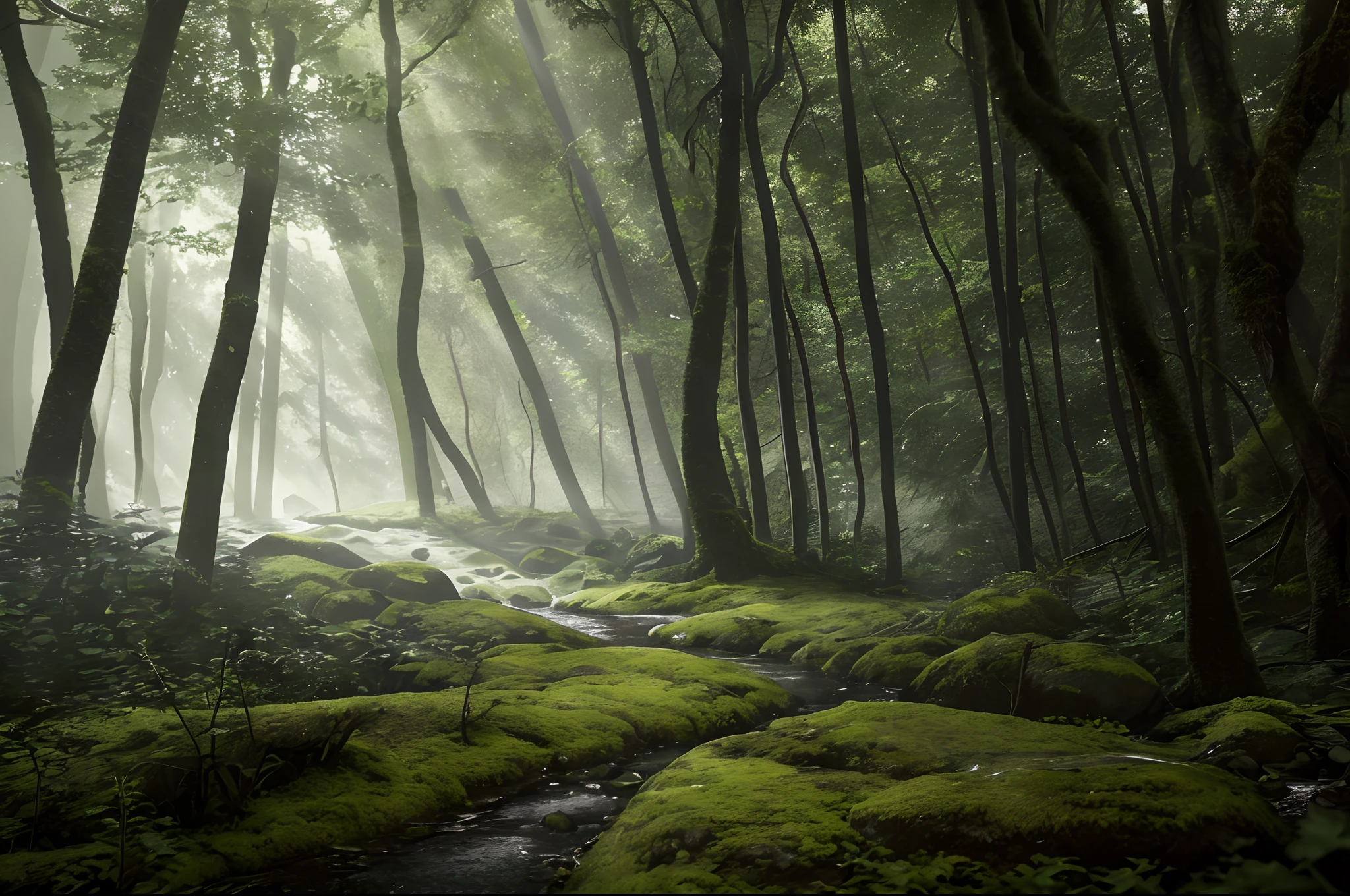 Generate an ultra-realistic, photographic image in 8k resolution set deep within the heart of a dense forest. The scene should depict the forest floor where sunlight struggles to breach the thick canopy of trees. The setting should include moss-covered stones, creating an atmosphere of shadowy gloom.