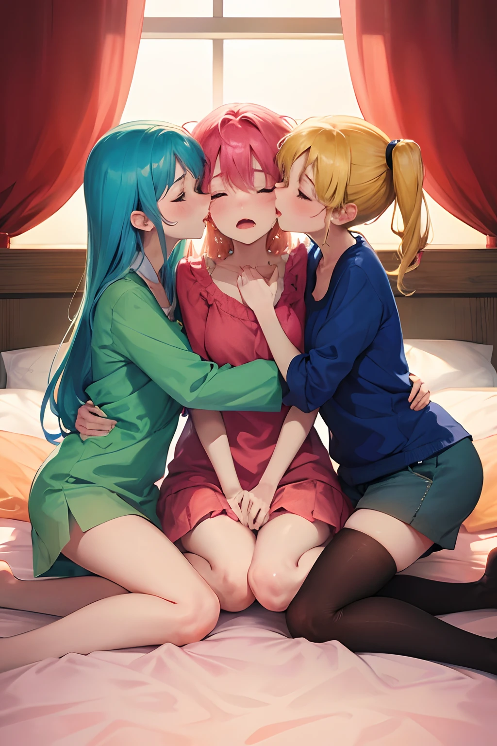 Three sisters hugging and kissing each other lovingly in bedroom anime. Saliva trail hot breath.