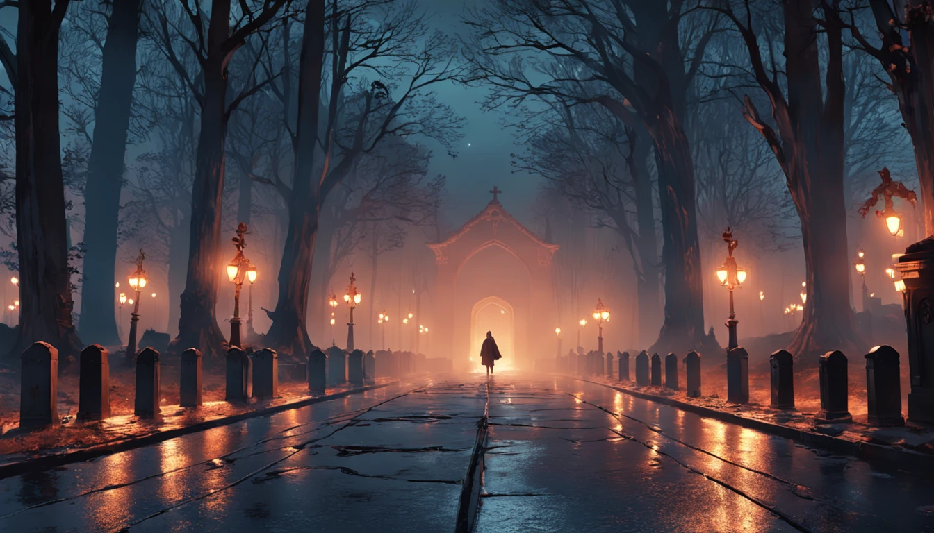 Um corredor sombrio e escuro, Record photos of Alexei Egorov at night, autor：Eglon van der Neer, Bussiere Rutkowski Andreas Rocha, eerie nostalgic concept art, arte de fundo, autor：Otakar Kubin, Martin Raphael Lacoste, cemetery landscape, graveyard background, graveyard, graveyard, Stefan Koidl inspirado , Realistic, Ultra foto Realsisim, super realistic，A imagem foi queimada