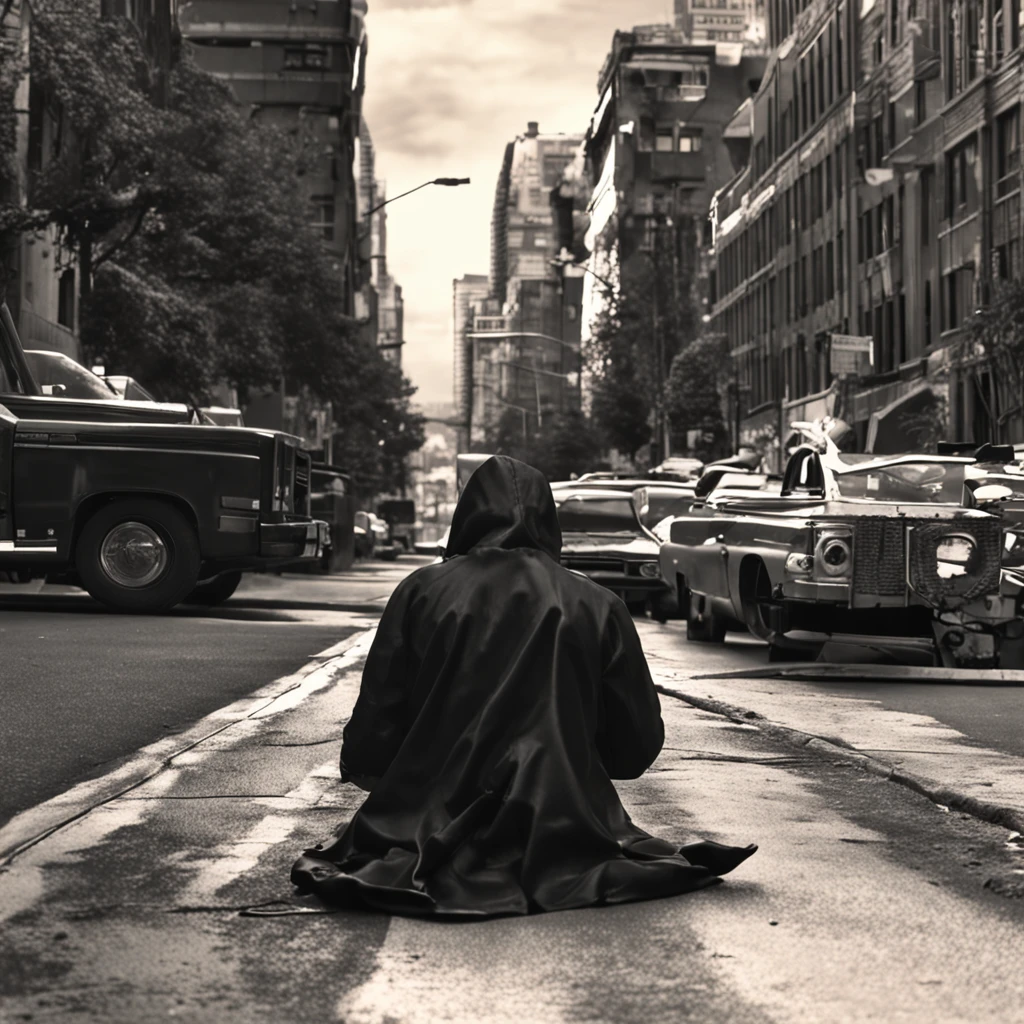 Sitting on a cliff looking at the teenager in the distance，Wear a black hood and black trench coat，The time is dusk