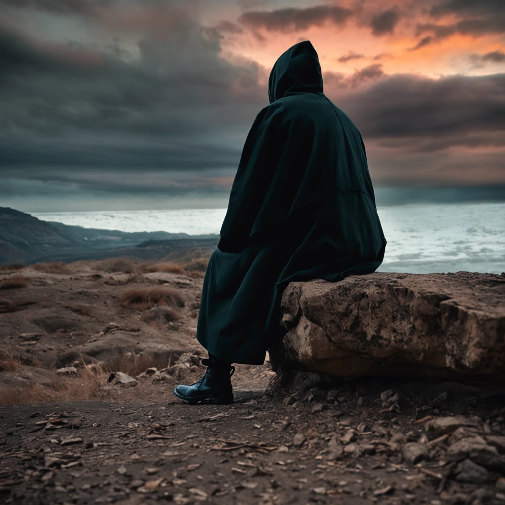 Sitting on a cliff looking at the ager in the distance,Wear a black hood and black trench coat,The time is dusk