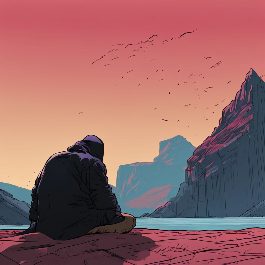 Sitting on a cliff looking at the teenager in the distance,Wear a black hood and black trench coat,The time is dusk