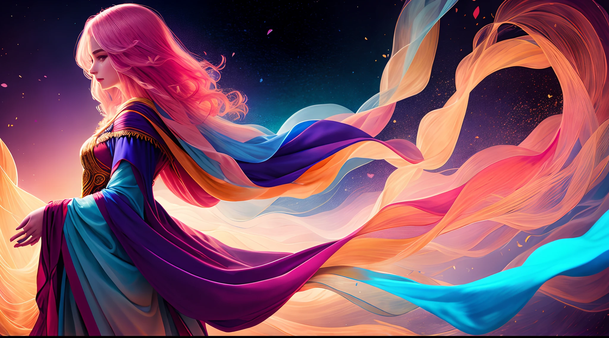 "Conjuring the image of the girl only in profile of the Mystique of Love: uma mulher com um manto cintilante de tons suaves, de rosto e cabelo na cor rosa longo, long mystical robes , gaurdia do amor,"