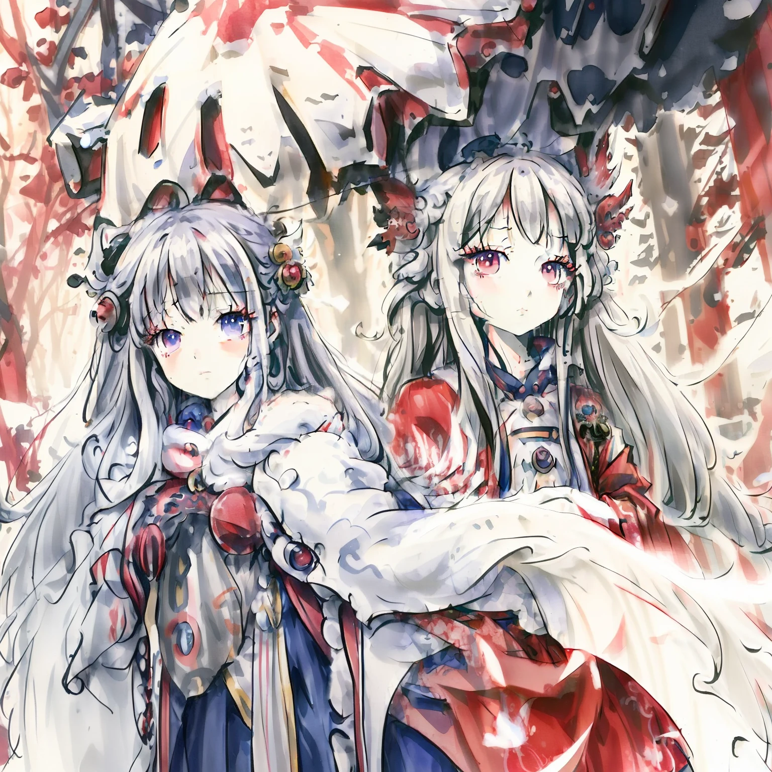 White long hair,cute anime girl, red eye, blue winter dress,blue wing,blue birds,winter forest, mist