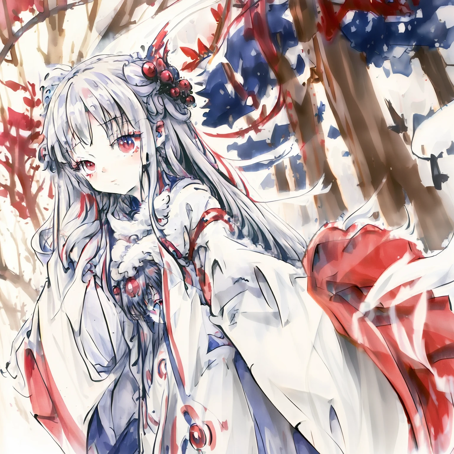 White long hair,cute anime girl, red eye, blue winter dress,blue wing,blue birds,winter forest, mist
