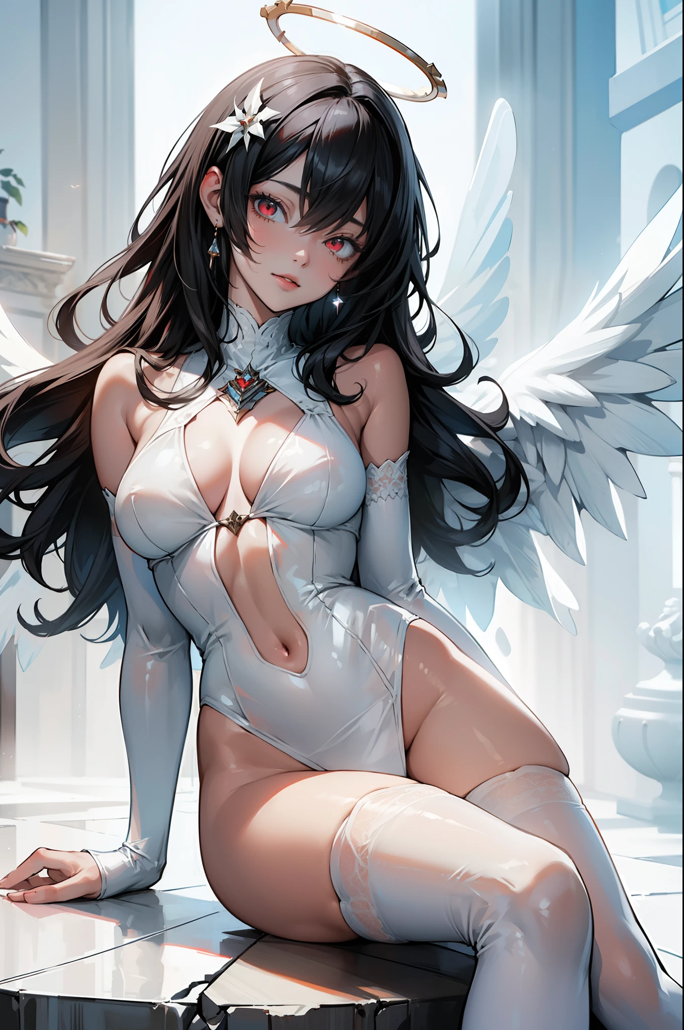 ((sfw)),(masterpiece, best quality),((high resolution 4k)), 1lady, solo, (white Scales, body cover with scales), halo, wings,fallen angel, black hair, loose waves, red eyes,white transparent lingerie,white stockings,white thigh highs