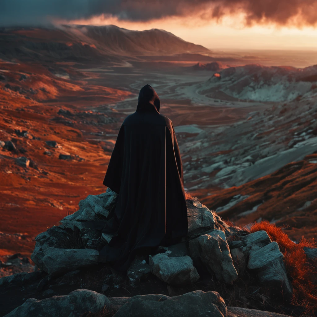 Sitting on a high cliff and looking at the ager in the distance，Wear a black hood and black trench coat，The time is dusk