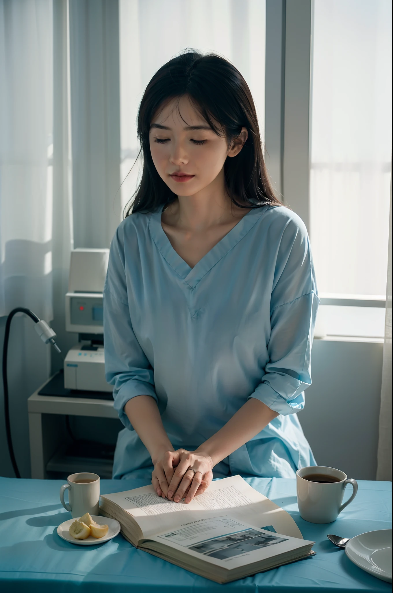 Description: Within a softly lit operating room, the patient lies serenely on the table, cushioned by soft blue surgical drapes. The peaceful expression on the patient's face tells a story of comfort and reassurance. A calm, distant look in the patient's closed eyes conveys the onset of relaxation. Subtle details, such as the patient's loosely clasped hands, contribute to the authenticity of the scene. The warm, ambient light casts gentle shadows,